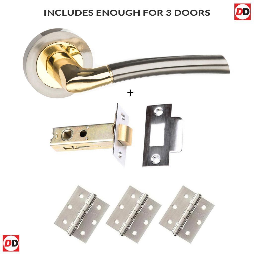 Three Pack Indiana Status Lever on Round Rose - Satin Nickel - Polished Brass Handle
