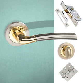 Image: Indiana Status Bathroom Lever on Round Rose - Satin Nickel - Polished Brass Handle Pack