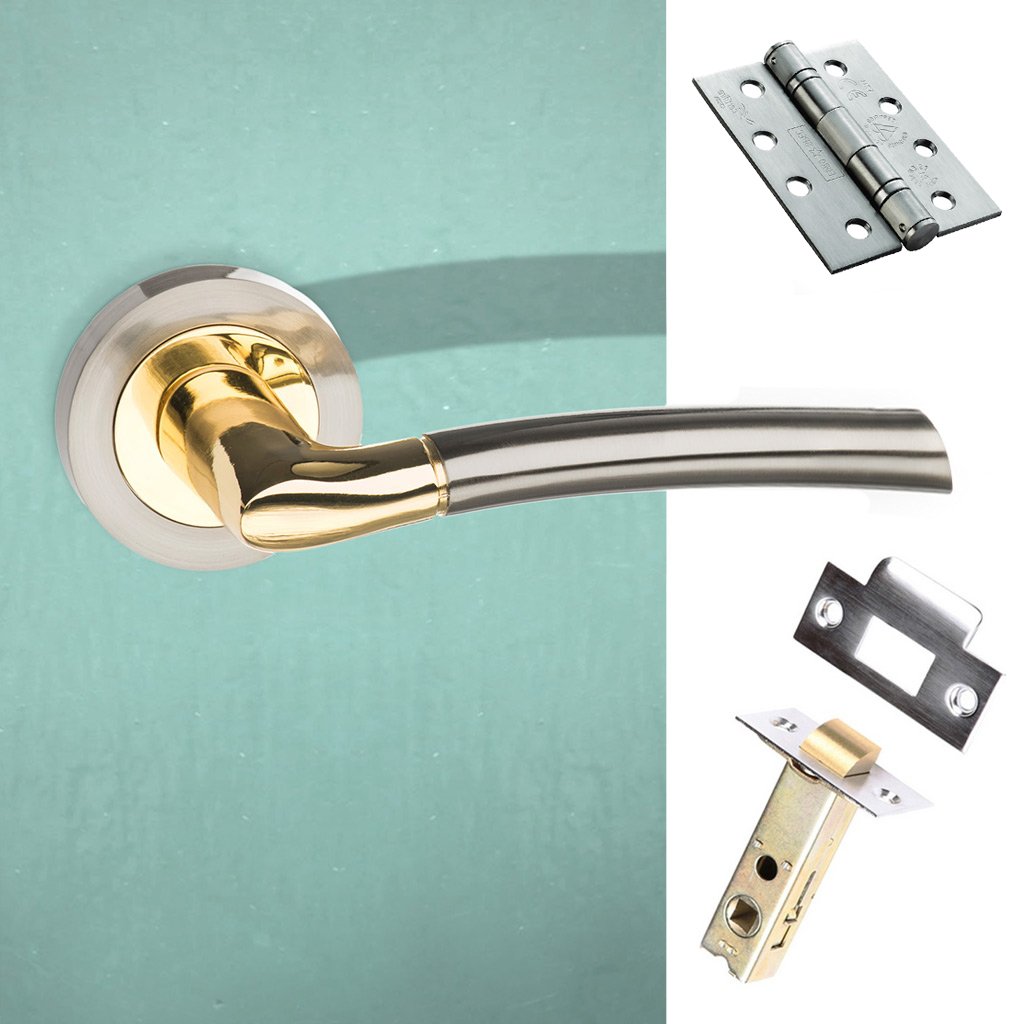Indiana Status Fire Lever on Round Rose - Satin Nickel - Polished Brass Handle Pack