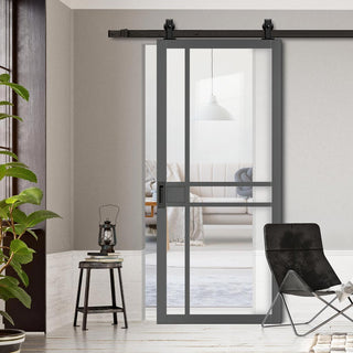 Image: Top Mounted Black Sliding Track & Solid Wood Door - Eco-Urban® Leith 9 Pane Solid Wood Door DD6316G - Clear Glass - Stormy Grey Premium Primed
