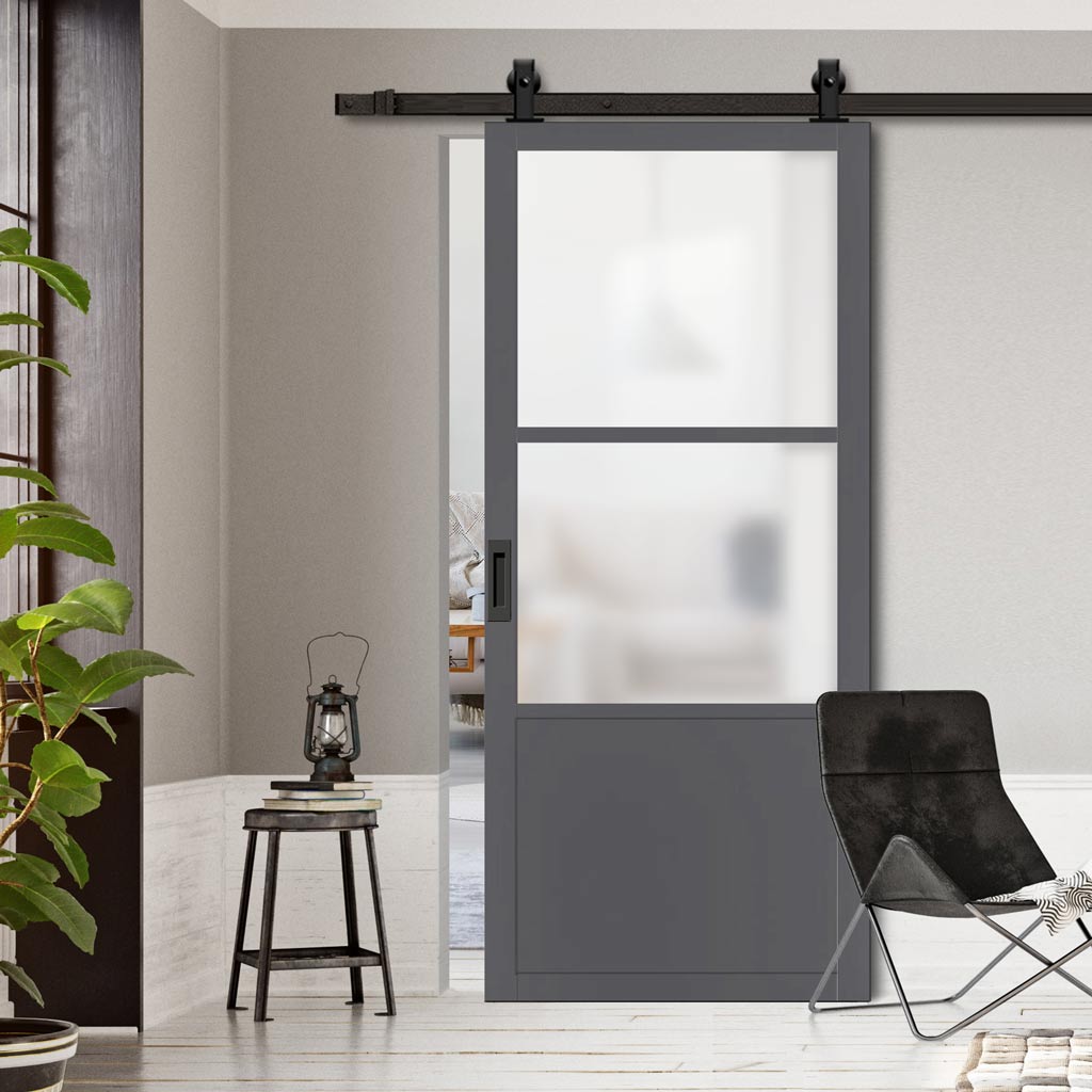 Top Mounted Black Sliding Track & Solid Wood Door - Eco-Urban® Berkley 2 Pane 1 Panel Solid Wood Door DD6309SG - Frosted Glass - Stormy Grey Premium Primed