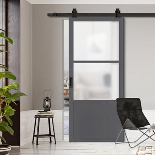 Image: Top Mounted Black Sliding Track & Solid Wood Door - Eco-Urban® Berkley 2 Pane 1 Panel Solid Wood Door DD6309SG - Frosted Glass - Stormy Grey Premium Primed