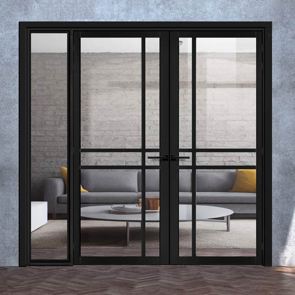 Bespoke Room Divider - Eco-Urban® Glasgow Door Pair DD6314C - Clear Glass with Full Glass Side - Premium Primed - Colour & Size Options