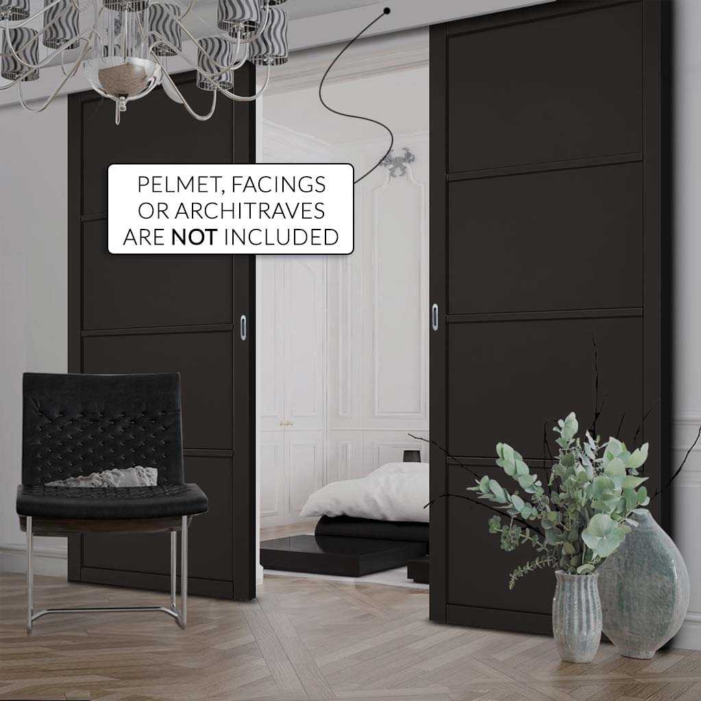 Double Sliding Door & Wall Track - Soho 4 Panel Door - Black Primed