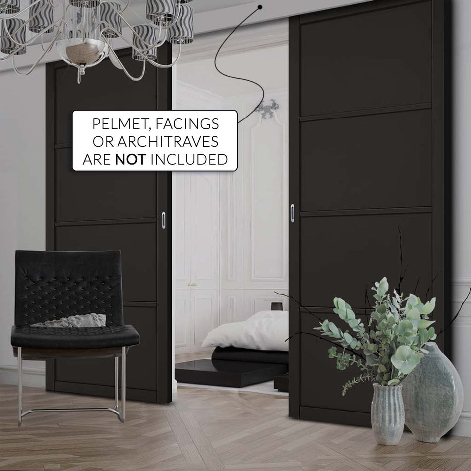 Double Sliding Door & Wall Track - Soho 4 Panel Door - Black Primed