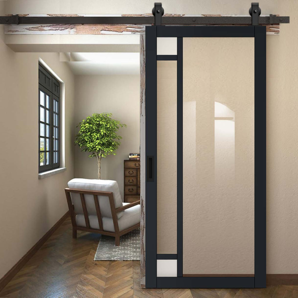 Top Mounted Black Sliding Track & Solid Wood Door - Eco-Urban® Suburban 4 Pane Solid Wood Door DD6411G Clear Glass(2 FROSTED CORNER PANES)- Shadow Black Premium Primed