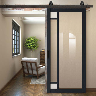 Image: Top Mounted Black Sliding Track & Solid Wood Door - Eco-Urban® Suburban 4 Pane Solid Wood Door DD6411G Clear Glass(2 FROSTED CORNER PANES)- Shadow Black Premium Primed