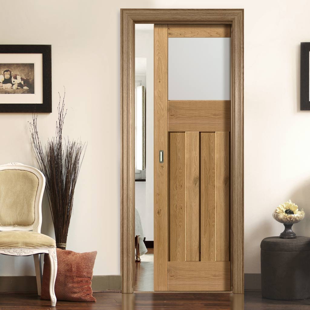 Rustic Oak 1930 DX Shaker Single Evokit Pocket Door - Prefinished - Obscure Glass