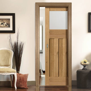 Image: Rustic Oak 1930 DX Shaker Single Evokit Pocket Door - Prefinished - Obscure Glass