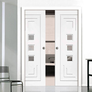 Image: Bespoke Altino White Primed Glazed Double Pocket Door