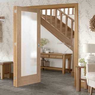 Image: Two Folding Doors & Frame Kit - Pattern 10 Oak Shaker 2+0 - Obscure Glass - Prefinished