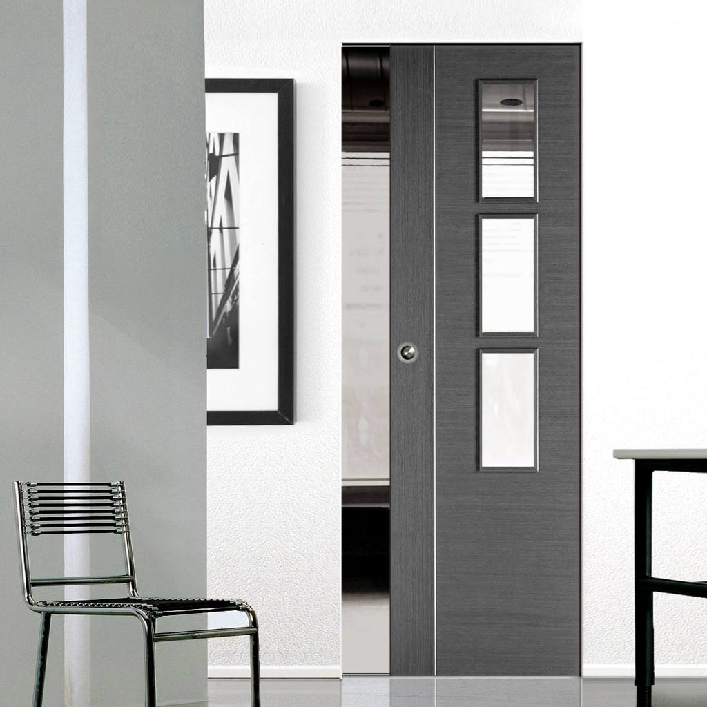 Chocolate Grey Alcaraz Absolute Evokit Single Pocket Doors - Clear Glass - Prefinished