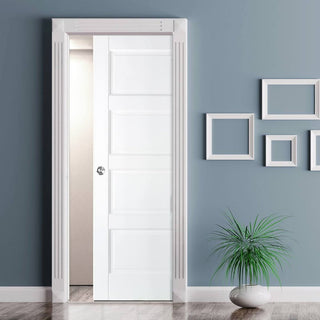 Image: Contemporary 4P Solid Evokit Pocket Fire Door - Shaker Style - 30 Minute Fire Rated - White Primed