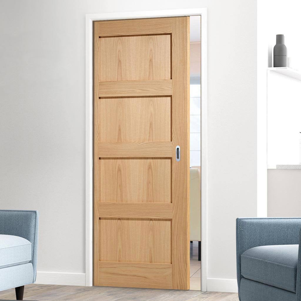 Contemporary Oak 4 Panel Single Evokit Pocket Door - Prefinished