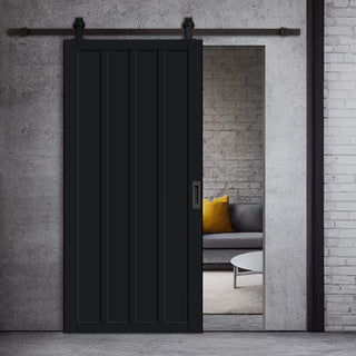 Image: Top Mounted Black Sliding Track & Solid Wood Door - Eco-Urban® Sintra 4 Panel Solid Wood Door DD6428 - Shadow Black Premium Primed
