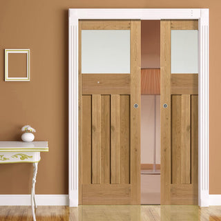 Image: Rustic Oak 1930 DX Shaker Double Evokit Pocket Doors - Prefinished - Obscure Glass