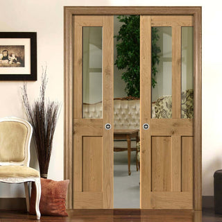 Image: Rustic Oak Shaker 2 Panel 2 Pane Double Evokit Pocket Doors - Prefinished - Clear Glass