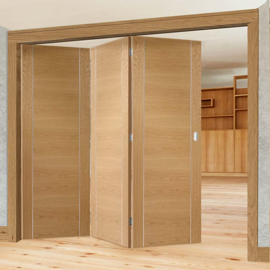Three Folding Doors & Frame Kit - Forli Oak Flush 3+0 - Aluminium Inlay - Prefinished