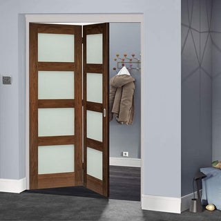 Image: Two Folding Doors & Frame Kit - Coventry Walnut Shaker 2+0 - Frosted Glass - Prefinished