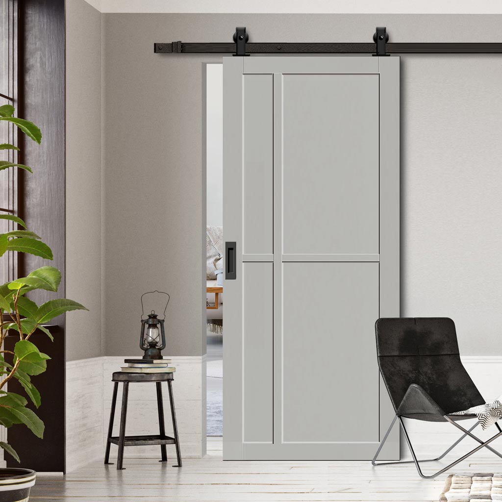 Top Mounted Black Sliding Track & Solid Wood Door - Eco-Urban® Marfa 4 Panel Solid Wood Door DD6313 - Mist Grey Premium Primed