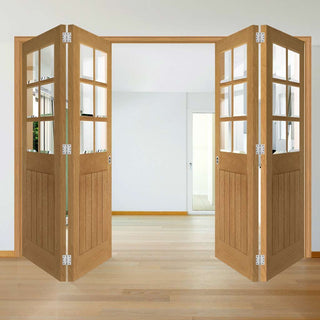 Image: Four Folding Doors & Frame Kit - Ely Oak 2+2 - Clear Bevelled Glass -Unfinished