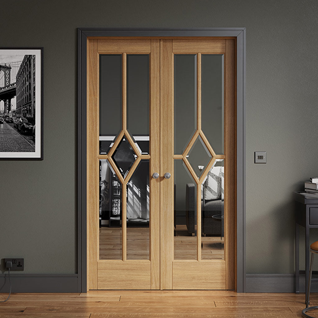 W4 Reims Room Divider Internal Door & Frame Kit - Bevelled Clear Glass - Prefinished Oak - 2031x1246mm Wide