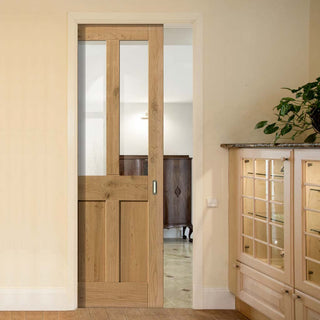 Image: Rustic Oak Shaker 2 Panel 2 Pane Single Evokit Pocket Door - Prefinished - Clear Glass