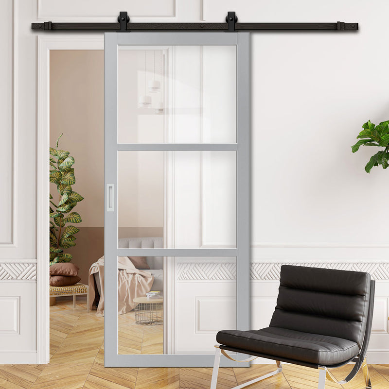 Top Mounted Black Sliding Track & Solid Wood Door - Eco-Urban® Manchester 3 Pane Solid Wood Door DD6306G - Clear Glass - Mist Grey Premium Primed