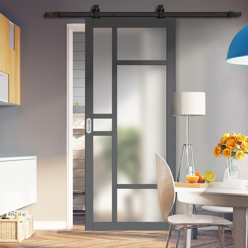 Top Mounted Black Sliding Track & Solid Wood Door - Eco-Urban® Isla 6 Pane Solid Wood Door DD6429SG Frosted Glass - Stormy Grey Premium Primed