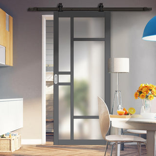 Image: Top Mounted Black Sliding Track & Solid Wood Door - Eco-Urban® Isla 6 Pane Solid Wood Door DD6429SG Frosted Glass - Stormy Grey Premium Primed