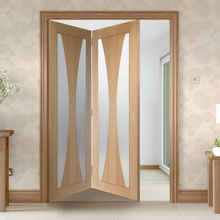 Image: Two Folding Doors & Frame Kit - Verona Oak 2+0 - Obscure Glass - Unfinished