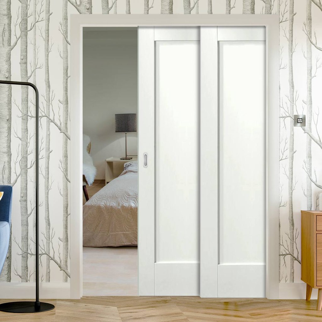 Pattern 10 1P Staffetta Twin Telescopic Pocket Doors - Primed