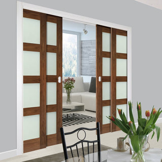 Image: Coventry Walnut Veneer Shaker Style Staffetta Quad Telescopic Pocket Doors - Frosted Glass - Prefinished