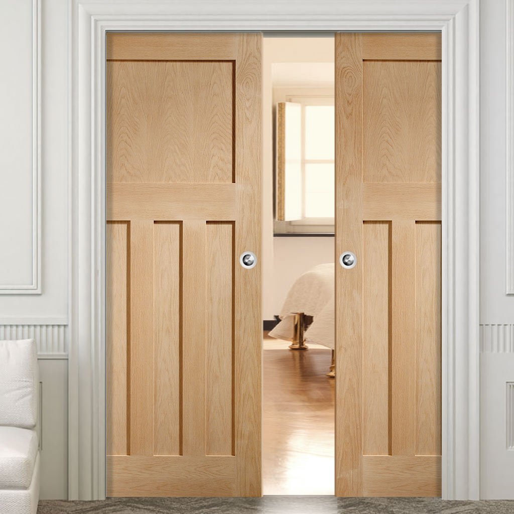 DX 1930'S Oak Panel Double Evokit Pocket Doors - Prefinished