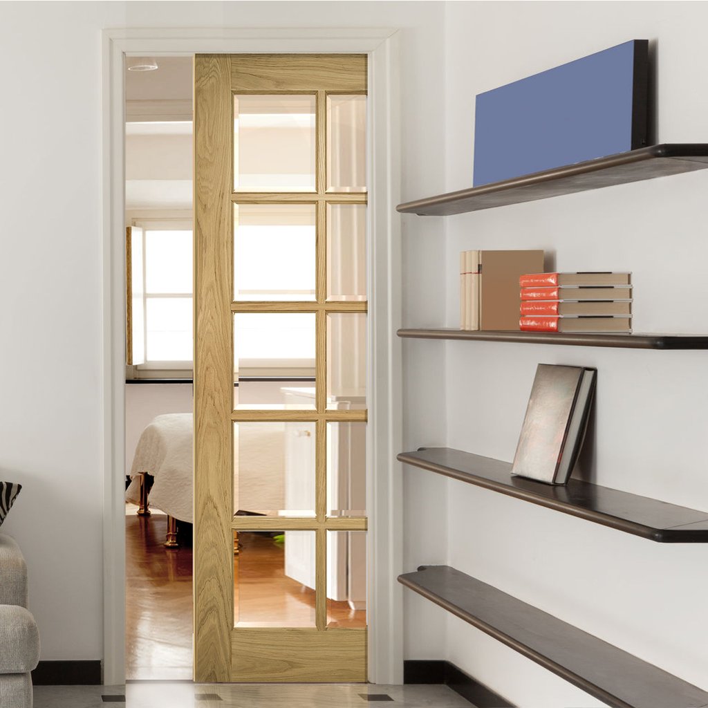 Bristol Oak Single Evokit Pocket Door - 10 Pane Clear Bevelled Glass - Unfinished