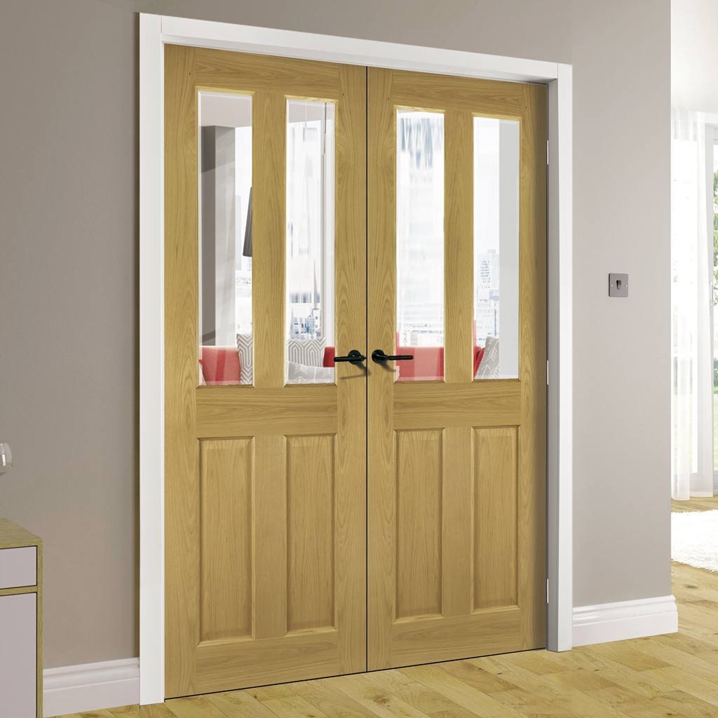 Bespoke Bury Real American Oak Crown Cut Veneer Internal Door Pair - Clear Bevelled Glass - Prefinished