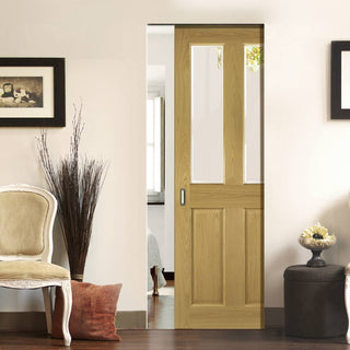 Image: Bury Oak Absolute Evokit Single Pocket Door - Clear Bevelled Glass - Prefinished