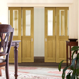 Image: Bury American White Oak Veneer Quad Telescopic Pocket Doors - Clear Bevelled Glass - Prefinished