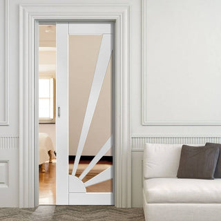 Image: Calypso Aurora Shaker Single Evokit Pocket Door - Clear Glass - White Primed