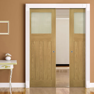 Image: Cambridge Period Oak Double Evokit Pocket Doors - Frosted Glass - Unfinished