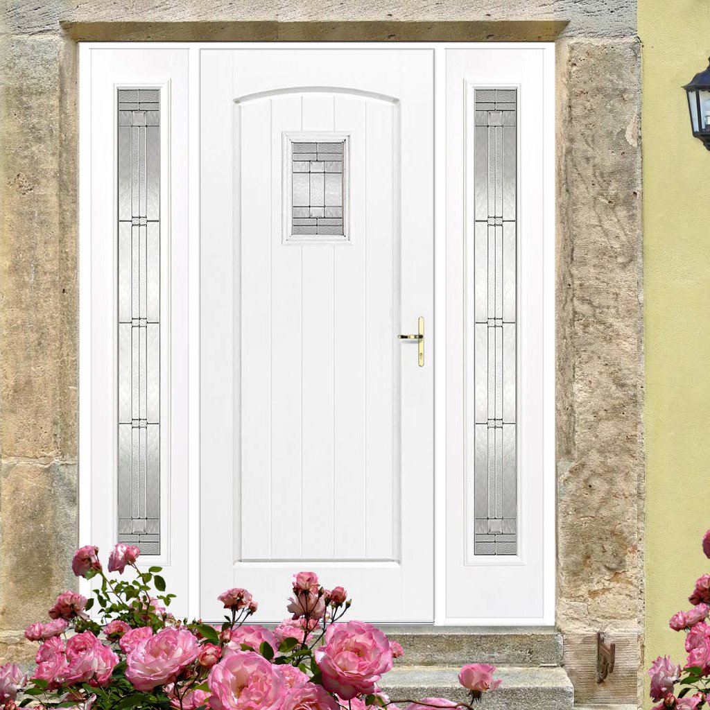 GRP White Cottage Leaded Double Glazed Composite Door - Two Leaded Sidelights
