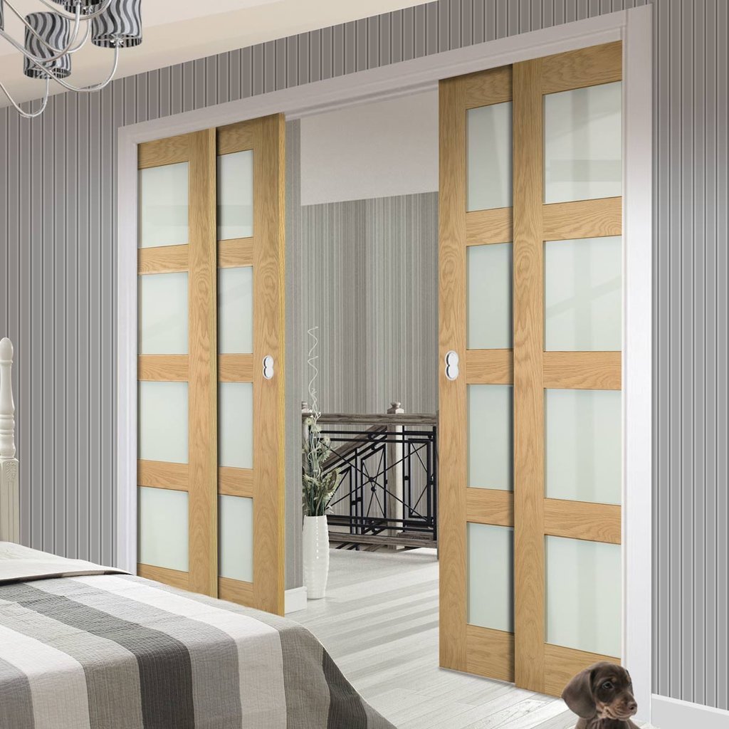 Coventry Shaker Style Oak Veneer Staffetta Quad Telescopic Pocket Doors - Frosted Glass - Unfinished