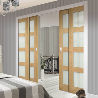 Image: Coventry Shaker Style Oak Veneer Staffetta Quad Telescopic Pocket Doors - Frosted Glass - Unfinished