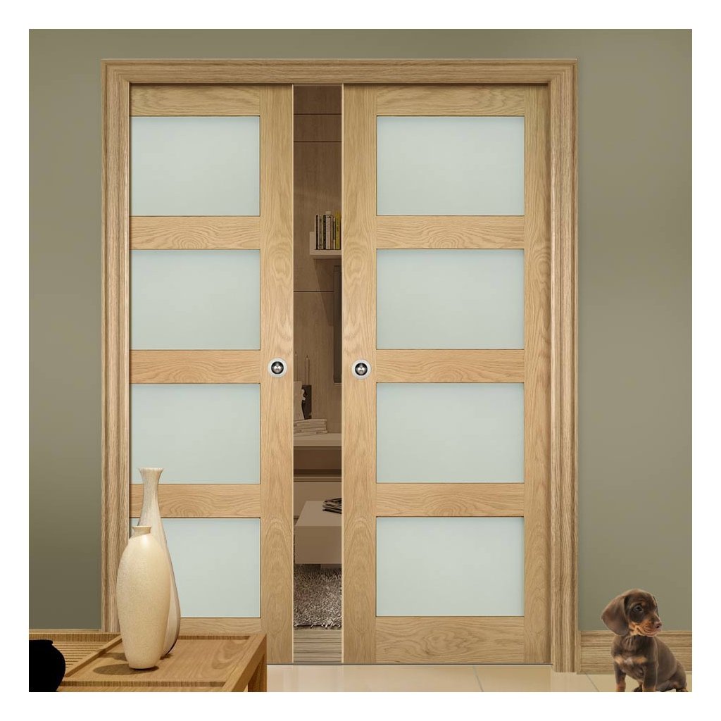 Coventry Shaker Style Oak Double Evokit Pocket Doors - Frosted Glass - Unfinished