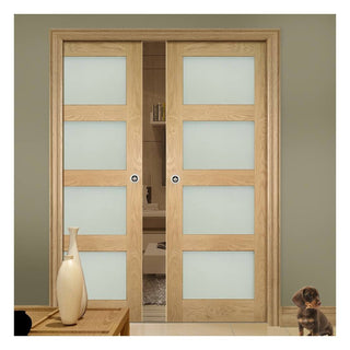 Image: Coventry Shaker Style Oak Double Evokit Pocket Doors - Frosted Glass - Unfinished