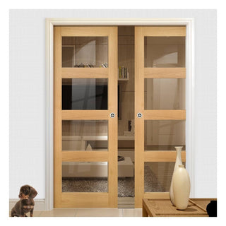 Image: Coventry Shaker Style Oak Double Evokit Pocket Doors - Clear Glass - Unfinished