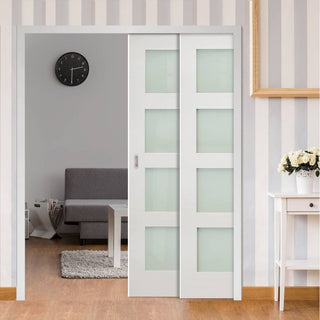 Image: Coventry Shaker Staffetta Twin Telescopic Pocket Doors - Frosted Glass - White Primed