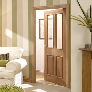 Image: Door and Frame Kit - Richmond Oak Door - Raised Mouldings - Bevelled Clear Glass
