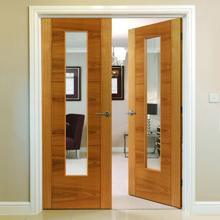 Image: J B Kind Mistral Oak Door Pair - Clear Glass - Decorative Grooves and Pre-finished
