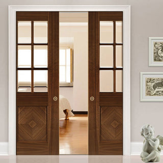 Image: Kensington Walnut Double Evokit Pocket Doors - Clear Bevelled Glass - Prefinished